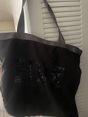 PINK Victoria's Secret Black Sequin Logo Canvas Tote